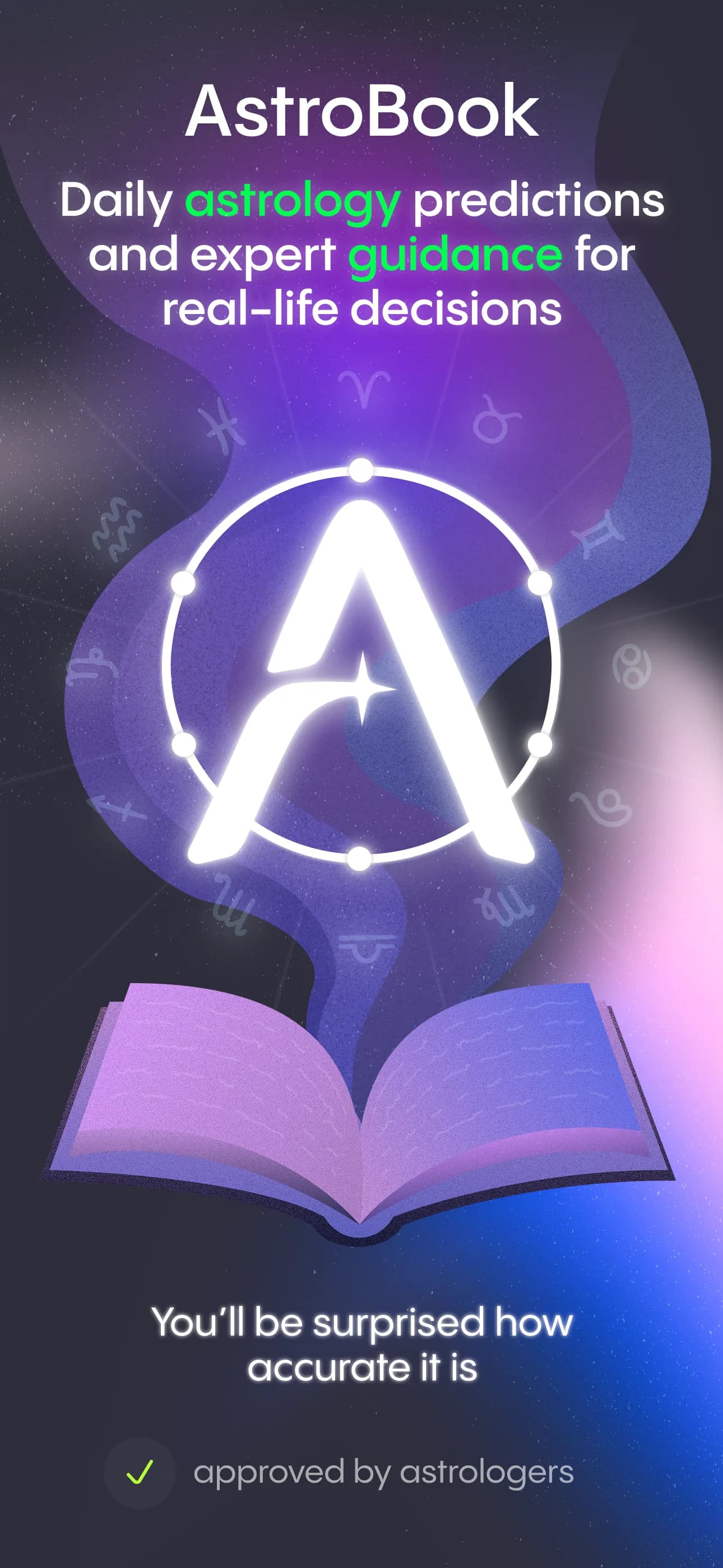 The Astrobook mark: a constellation letter A in an orbit over an open glowing book
