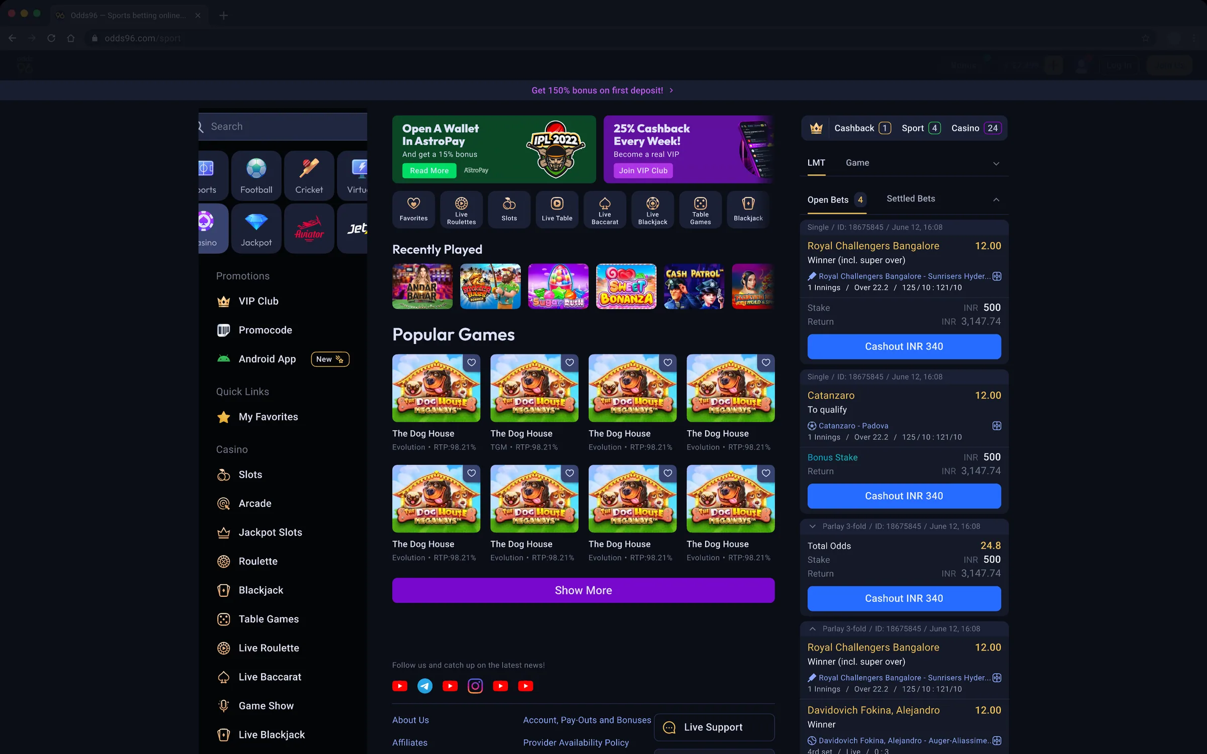 Odds 96: the casino on a desktop browser