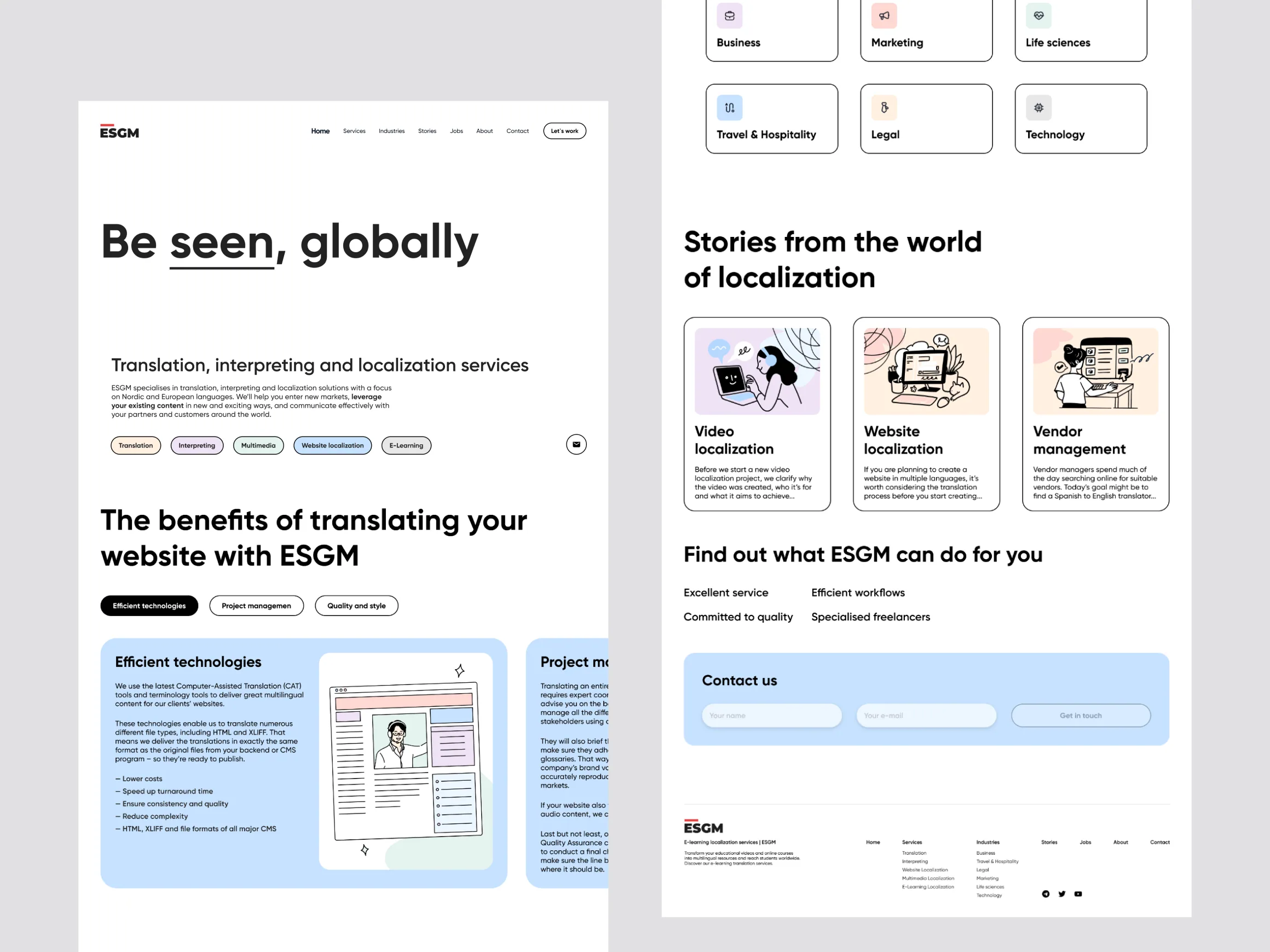 Two long ESGM home page layouts side by side