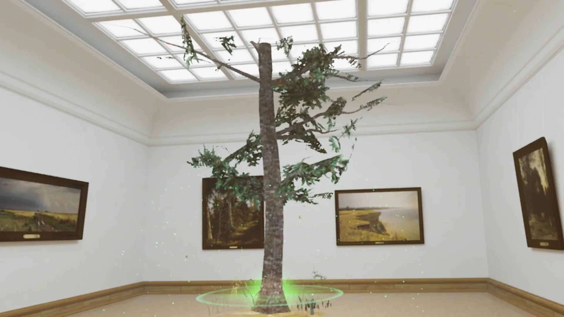 XR apps: a pine tree grows out of the floor of a virtual gallery