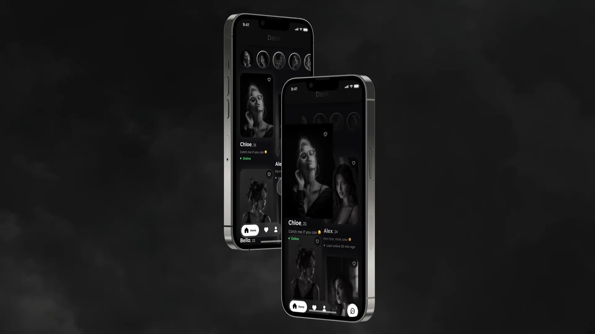 A phone with a profile screen in front of a dark city skyline