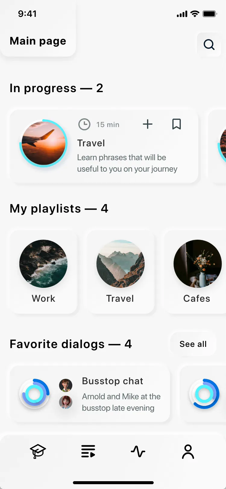 The main page with lessons in progress, playlists and favourite dialogues