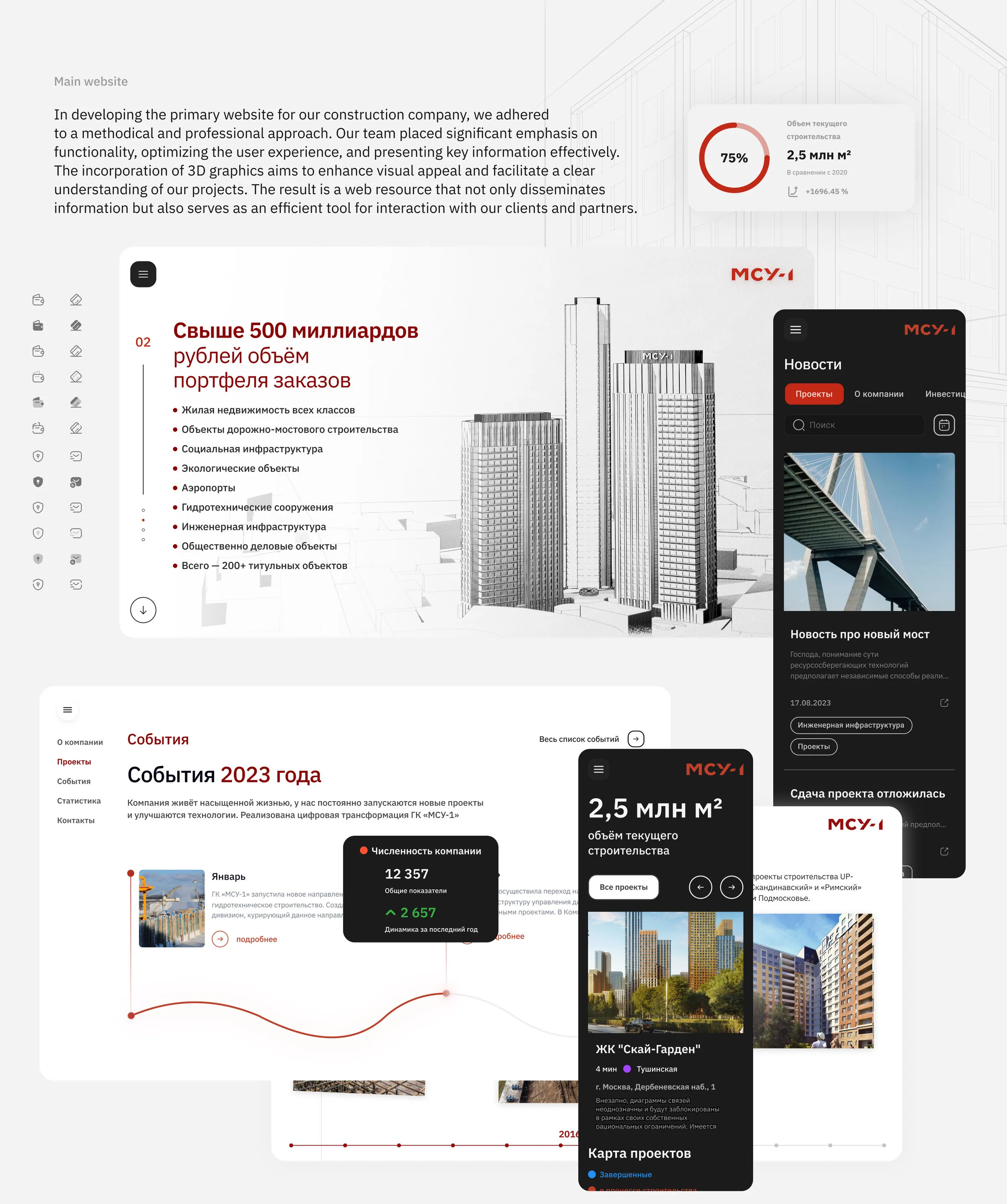 The main website: the order book with a 3D model of towers, news, events and project cards