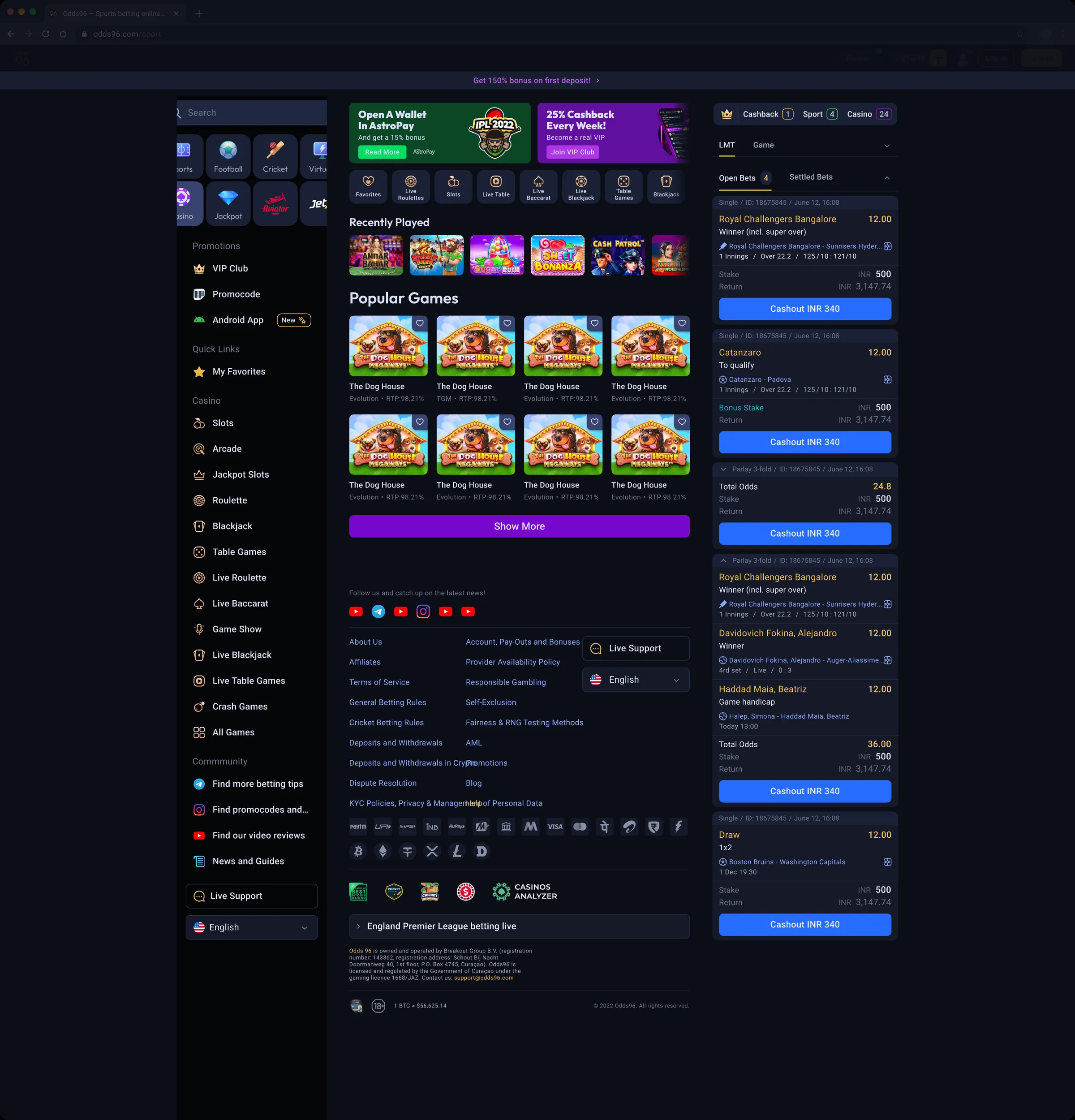 The full desktop casino page from header to footer, with menus, the game grid, open bets and the footer