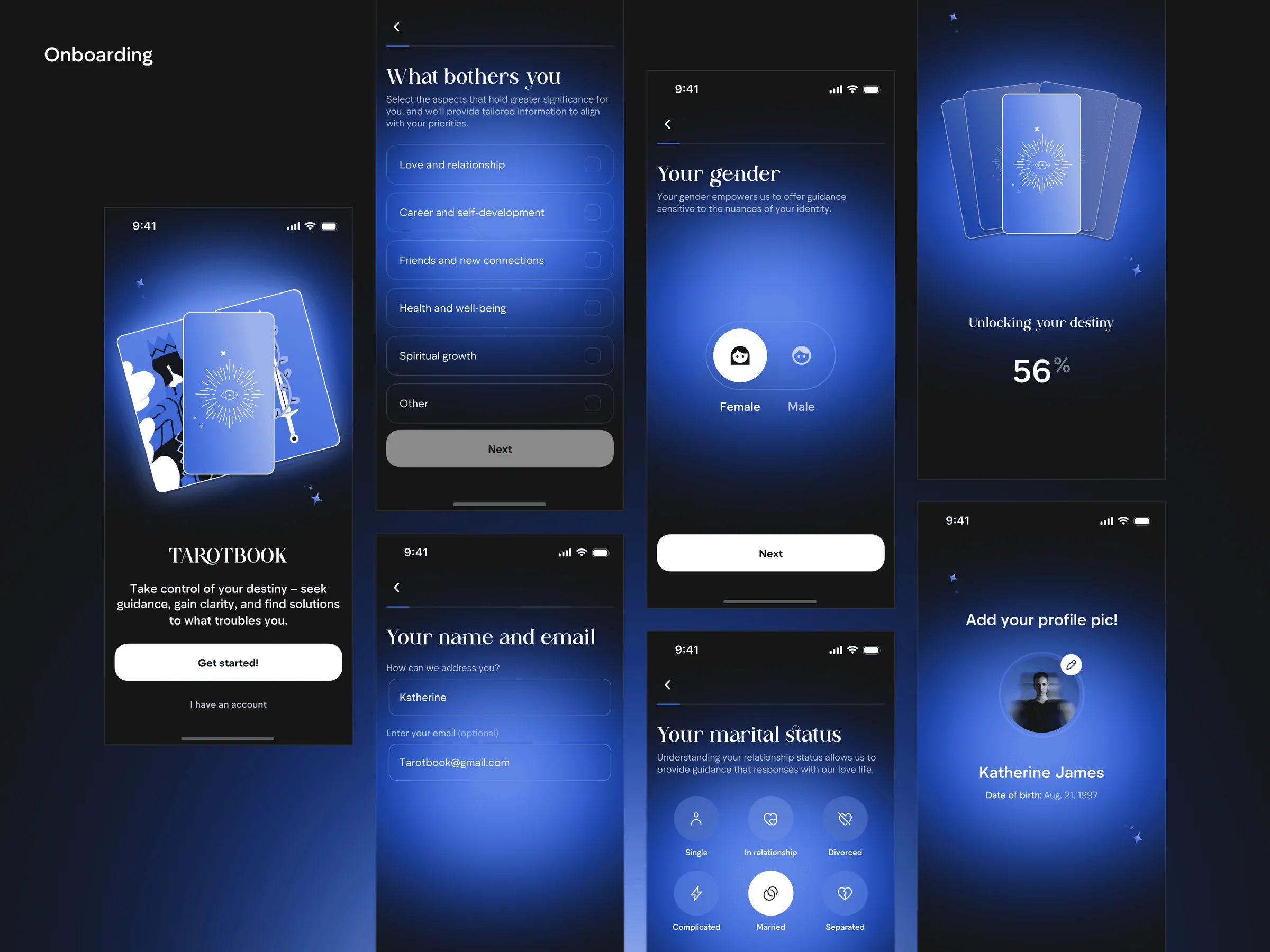 Onboarding screens: what bothers you, gender, name, relationship status, a profile photo and a progress screen