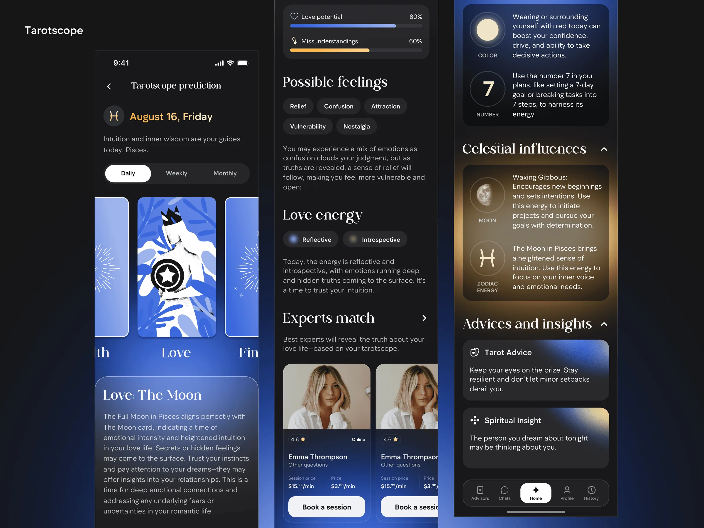 Tarotscope screens with daily, weekly and monthly tabs, love energy and celestial influences
