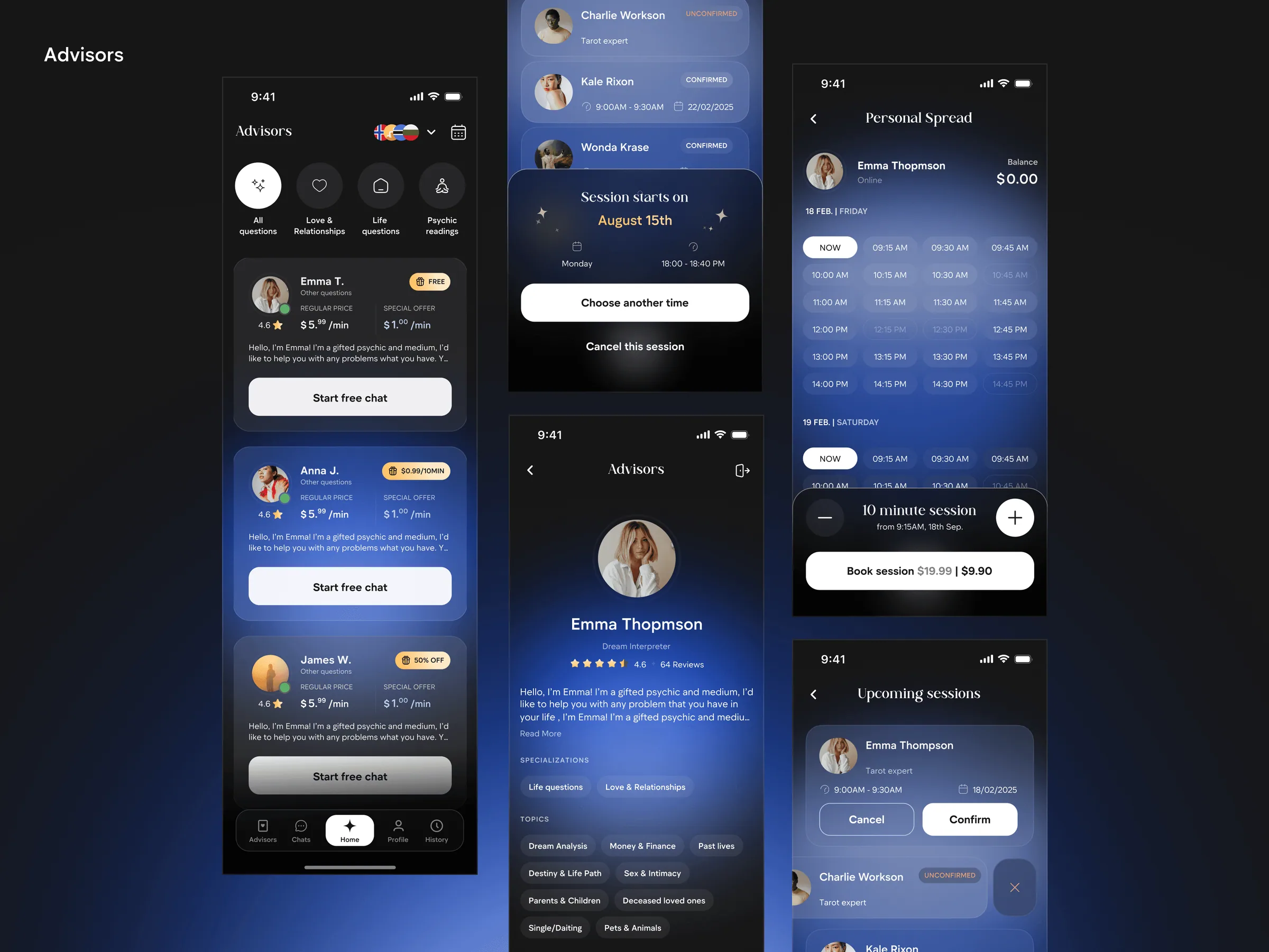The advisor list with ratings, an advisor profile, session times and upcoming sessions