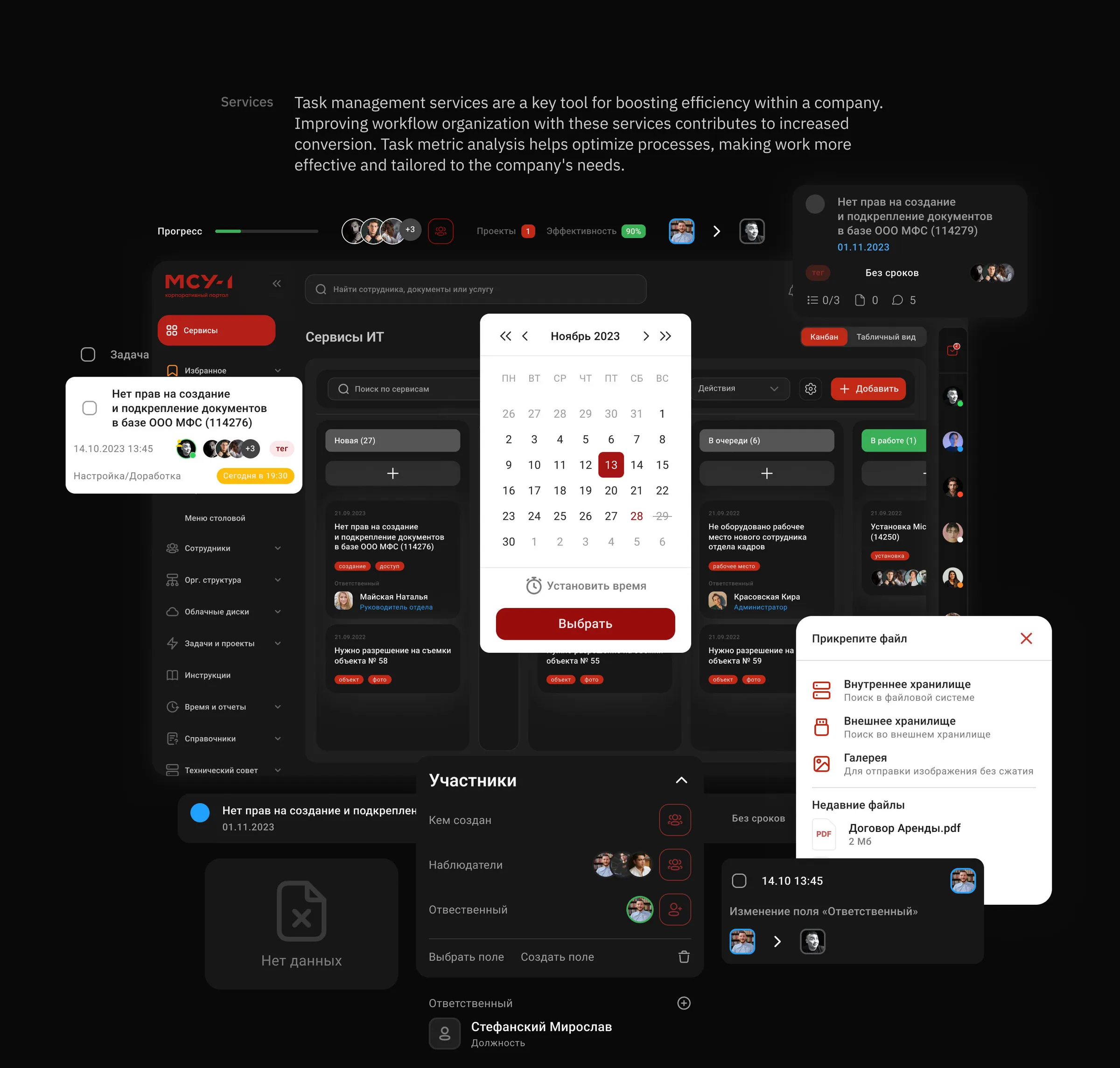 Task services on desktop and mobile: kanban requests, a calendar picker and participants