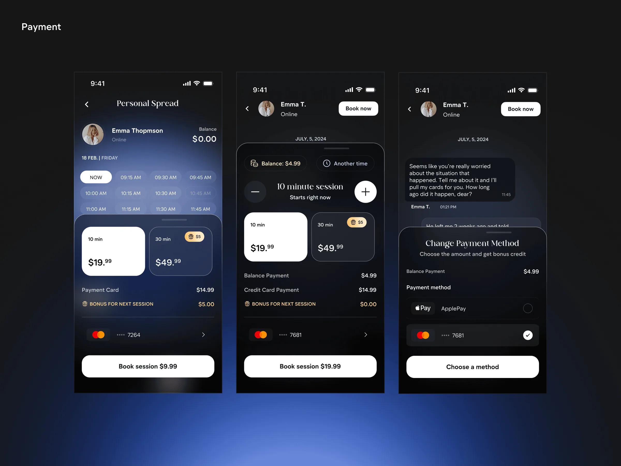 Booking and payment screens: session length, balance, card and Apple Pay