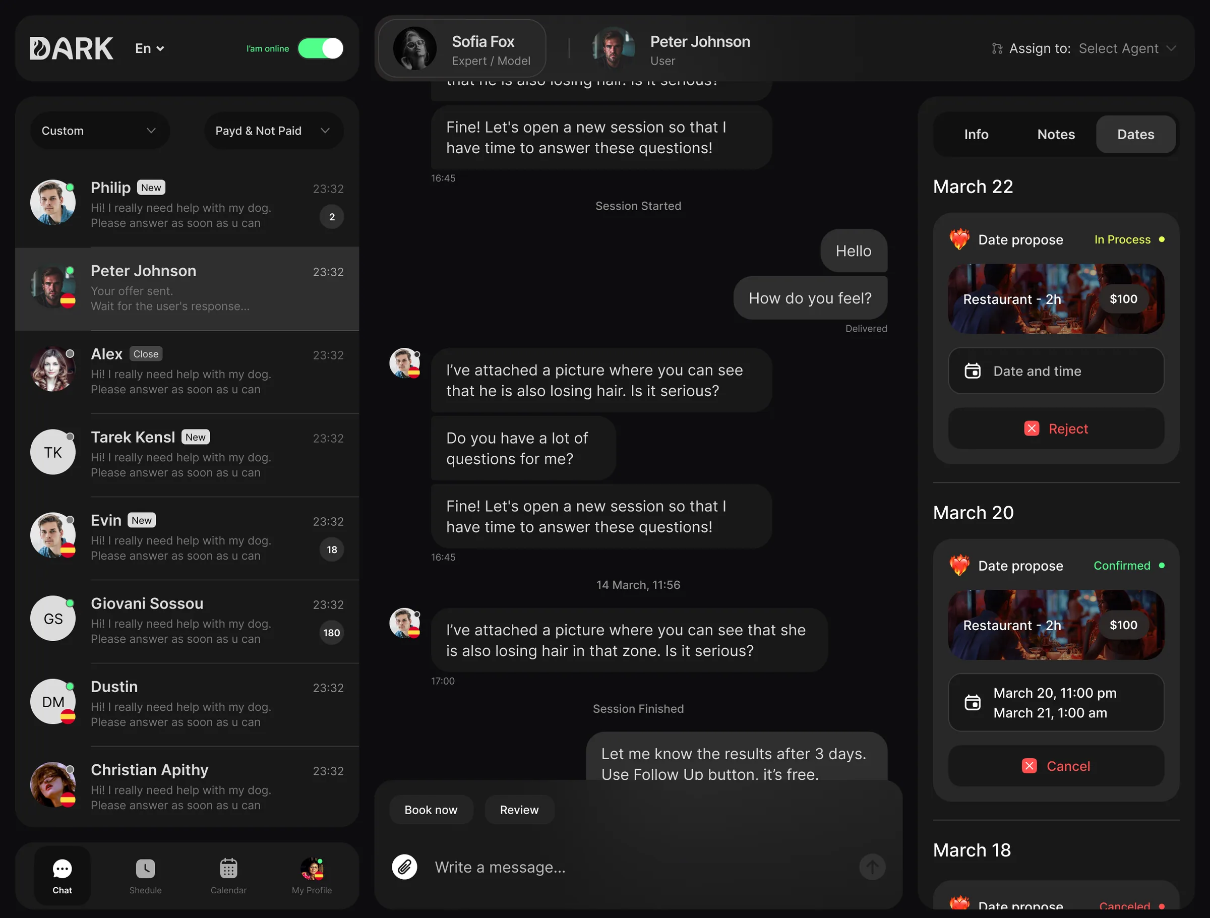The admin platform: the conversation list, an open chat with session markers and a profile panel