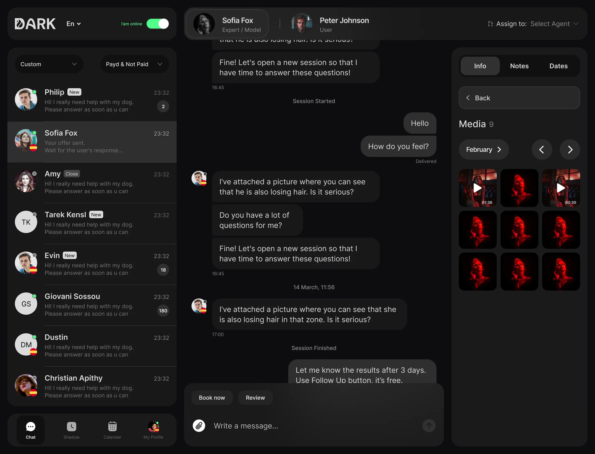 The admin chat with the Dates tab open, listing proposed and confirmed dates