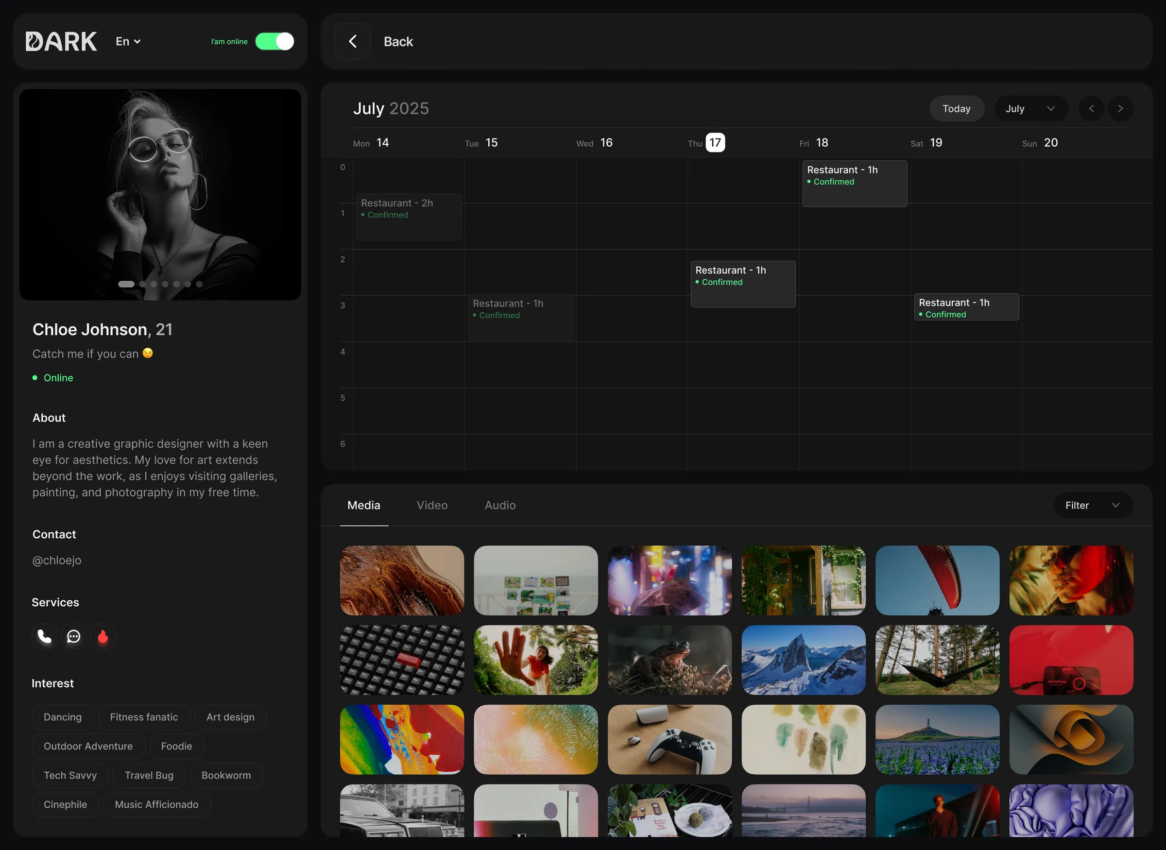 A profile page with a weekly calendar of dates and a media library