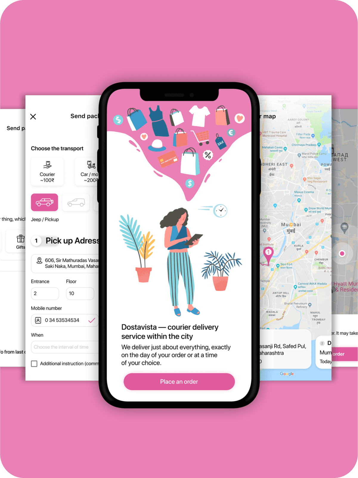 Borzo: a phone with the courier delivery screen over order forms on pink