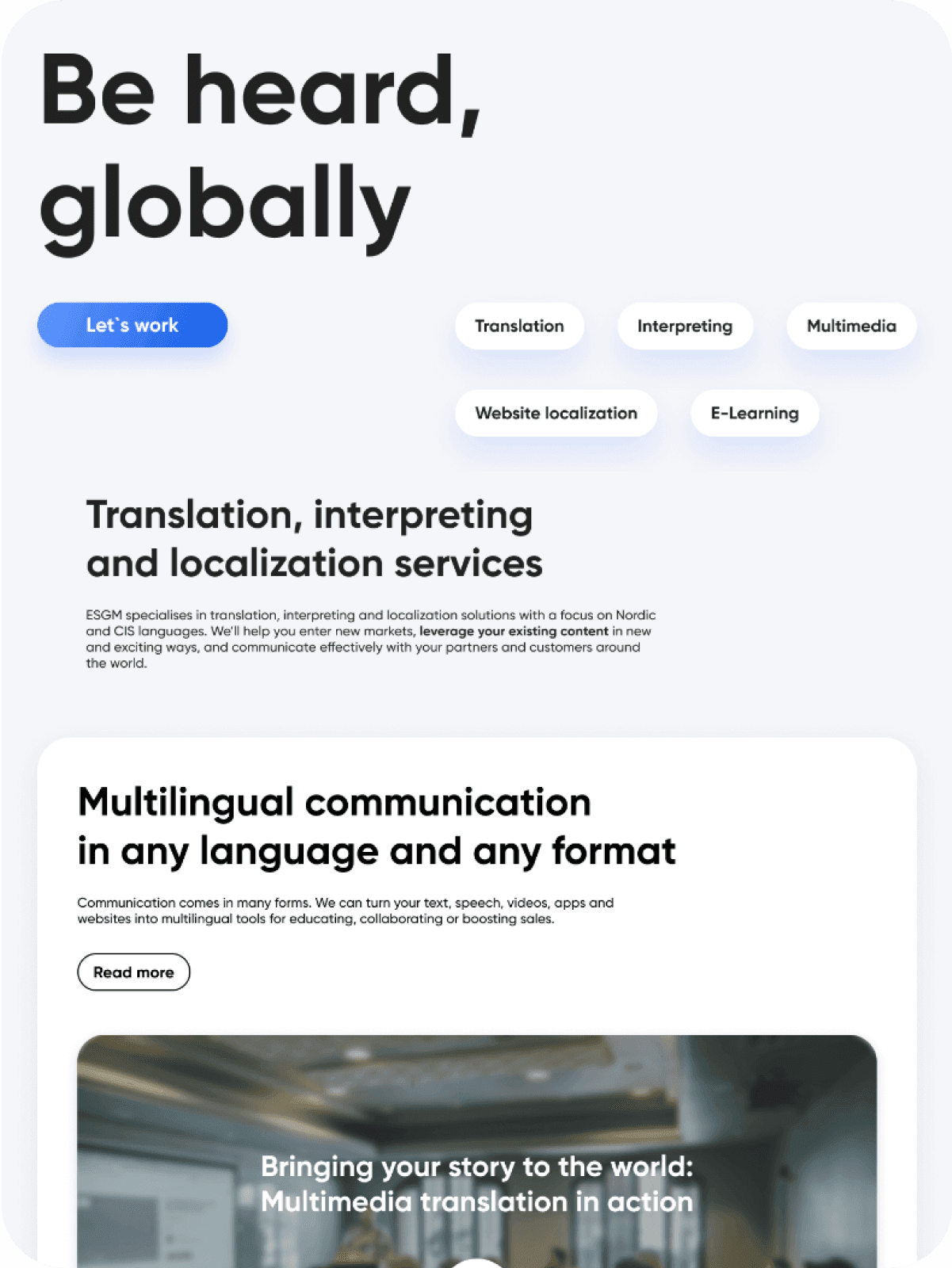 ESGM: the home page with the headline Be heard, globally