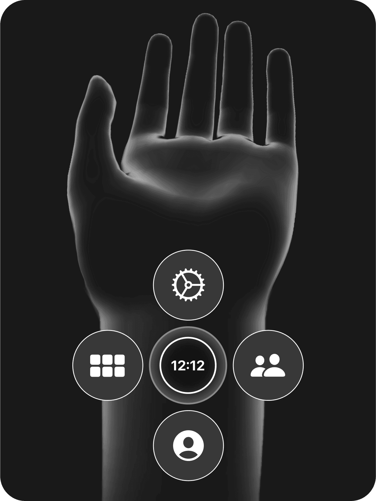 Social VR: a hand menu with round buttons around a watch on the wrist